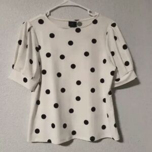 Worthington Women Size PS Black White Polka Dot Short Sleeve Blouse